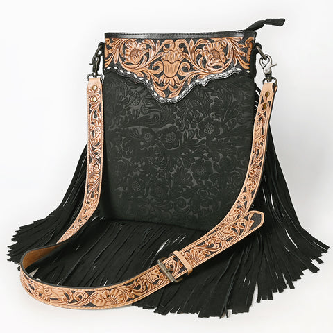 ADBGS192 Floral Embossed Leather Large Crossbody Bag with Fringe & Tooled Strap - Western Elegant Purse