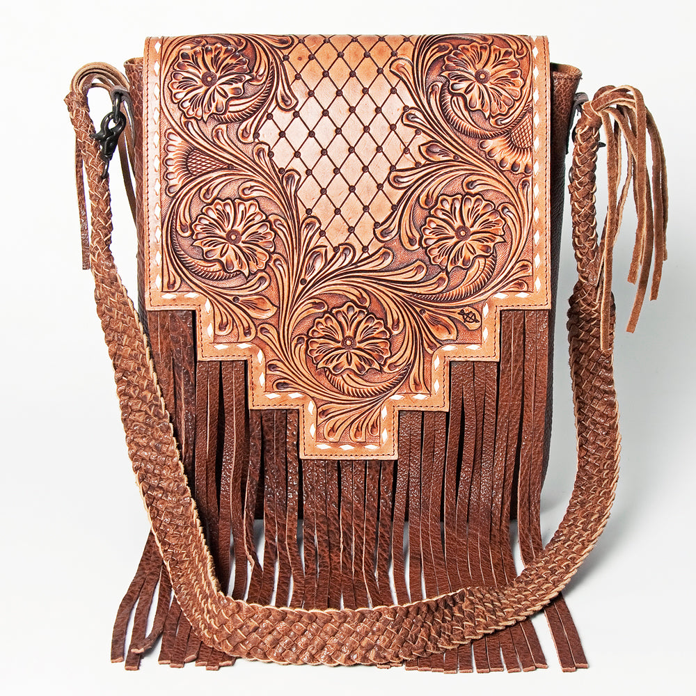 LC-ADBGZ595A Hand-Tooled Leather Fringe Sling Bag - Western Messenger with Basketweave Strap