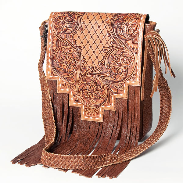 LC-ADBGZ595A Hand-Tooled Leather Fringe Sling Bag - Western Crossbody with Basketweave Strap