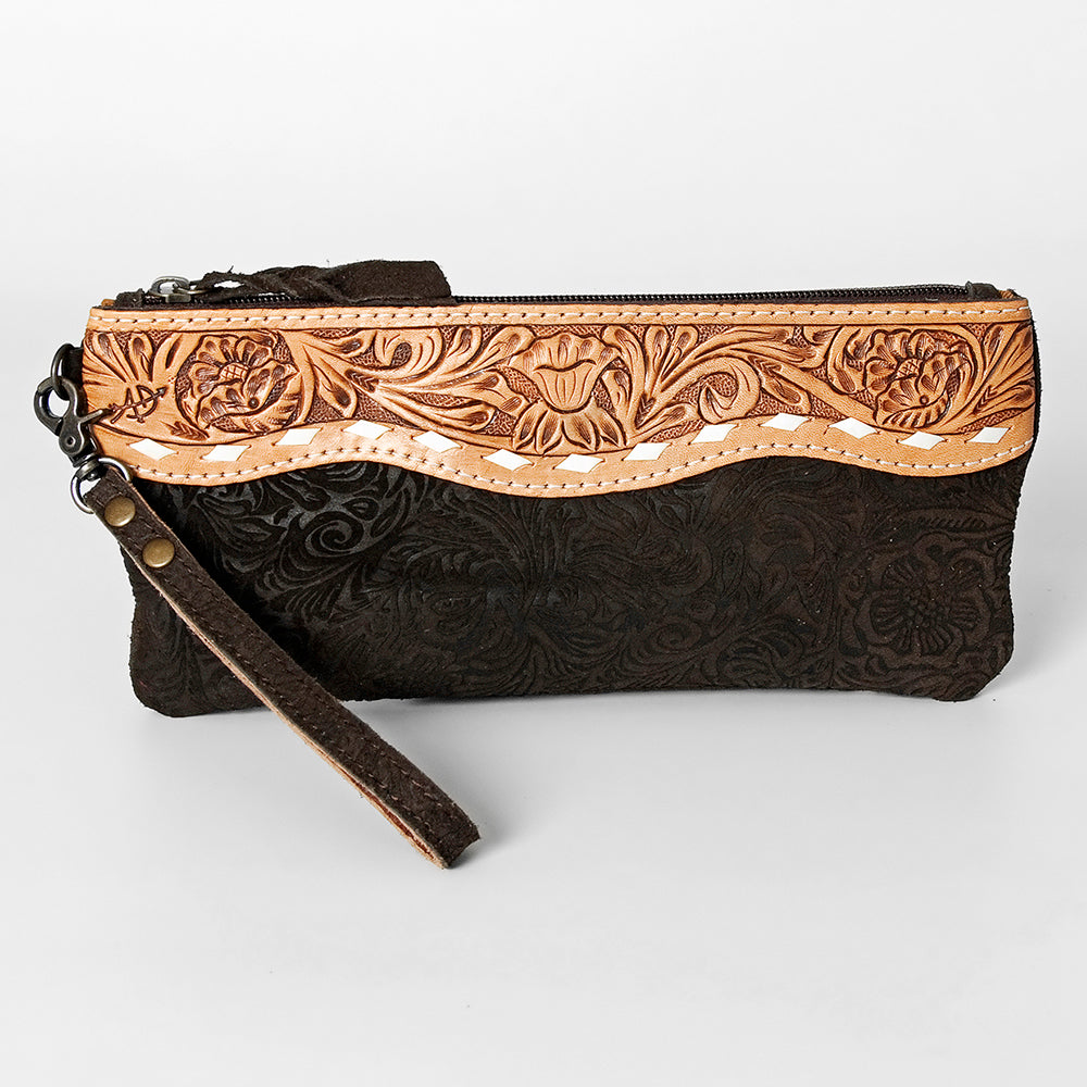ADBG344 Embossed Leather Wristlet Western Fringe Clutch with Tooled Floral Design