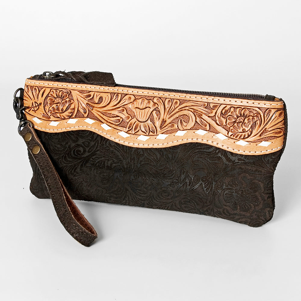 ADBG344 Embossed Leather Wristlet Western Fringe Clutch with Tooled Floral Design