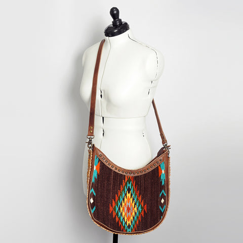 American Darling Handcrafted Hand Tooled Leather and Saddle Blanket Crossbody Bag