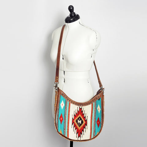 American Darling Handcrafted Hand Tooled Leather and Saddle Blanket Crossbody Bag