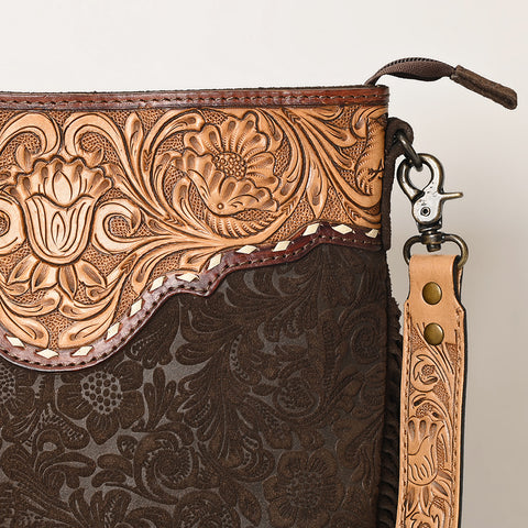 ADBGS192 Floral Embossed Leather Large Crossbody Bag with Fringe & Tooled Strap - Western Elegant Purse
