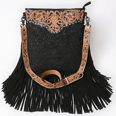 ADBGS192 Floral Embossed Leather Large Crossbody Bag with Fringe & Tooled Strap - Western Elegant Purse