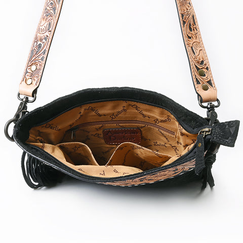 ADBGS192 Floral Embossed Leather Large Crossbody Bag with Fringe & Tooled Strap - Western Elegant Purse