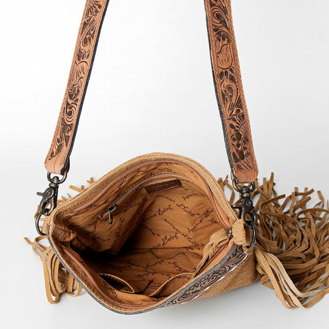 ADBGS192 Floral Embossed Leather Large Crossbody Bag with Fringe & Tooled Strap - Western Elegant Purse
