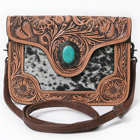 American Darling Western Cross body Bag Hair-On Cowhide with Hand Tooled Floral Carving