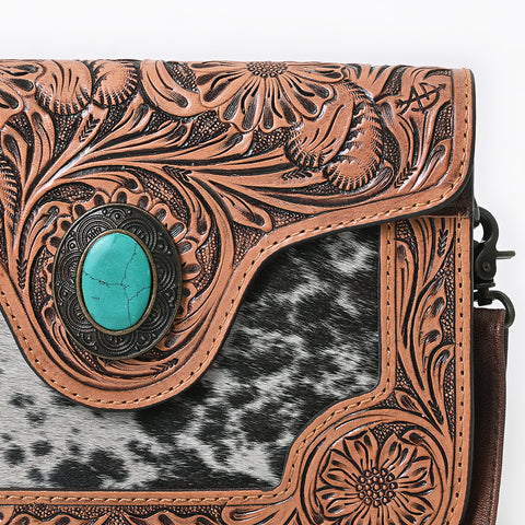 American Darling Western Cross body Bag Hair-On Cowhide with Hand Tooled Floral Carving