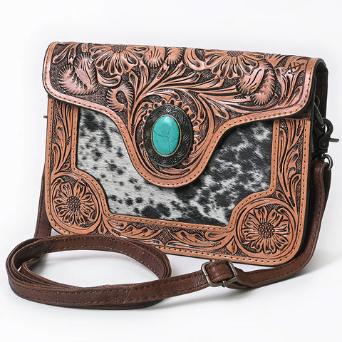 American Darling Western Cross body Bag Hair-On Cowhide with Hand Tooled Floral Carving