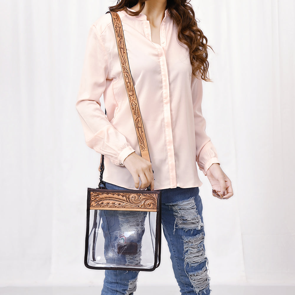 ADBGZ603 Clear Stadium Crossbody Bag with Floral Tooled Leather Trim - Western Concert Purse