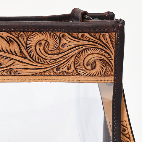 ADBGZ603 Clear Stadium Crossbody Bag with Floral Tooled Leather Trim - Western Concert Purse