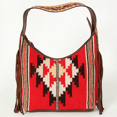American Darling Hand-Woven Saddle Blanket Hobo Bag Hand Tooled Leather Fringe