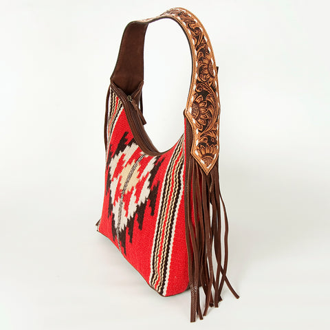 American Darling Hand-Woven Saddle Blanket Hobo Bag Hand Tooled Leather Fringe