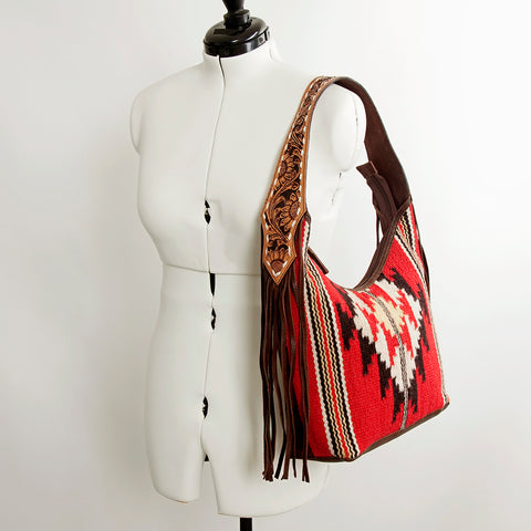 American Darling Hand-Woven Saddle Blanket Hobo Bag Hand Tooled Leather Fringe
