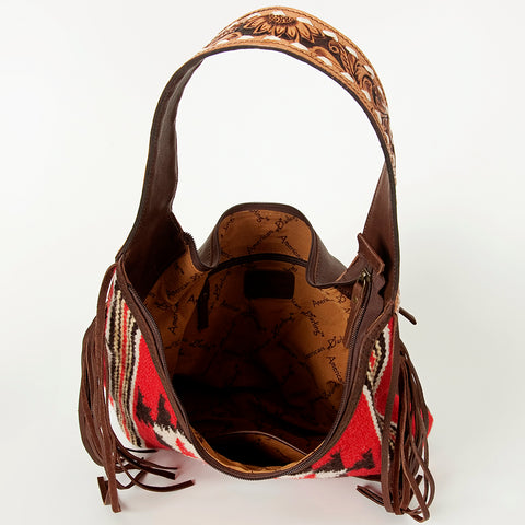 American Darling Hand-Woven Saddle Blanket Hobo Bag Hand Tooled Leather Fringe