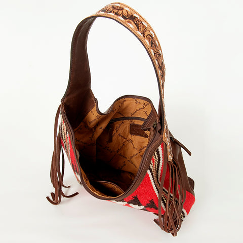 American Darling Hand-Woven Saddle Blanket Hobo Bag Hand Tooled Leather Fringe