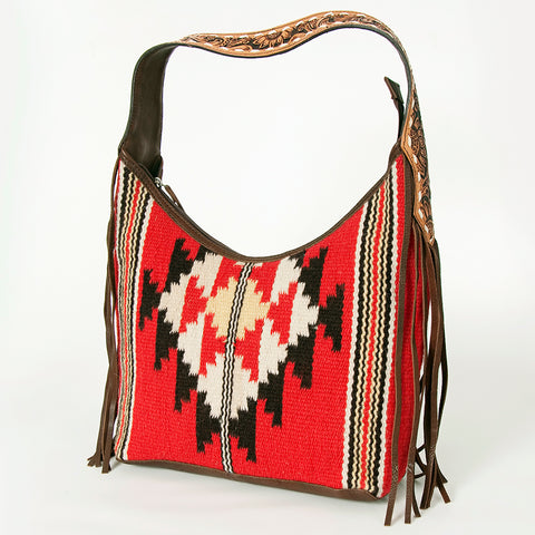 American Darling Hand-Woven Saddle Blanket Hobo Bag Hand Tooled Leather Fringe