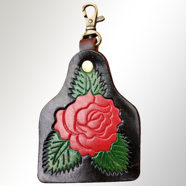 LC-ADKRX101 Hand-Tooled Leather Keyring � Red Rose Floral Western Design