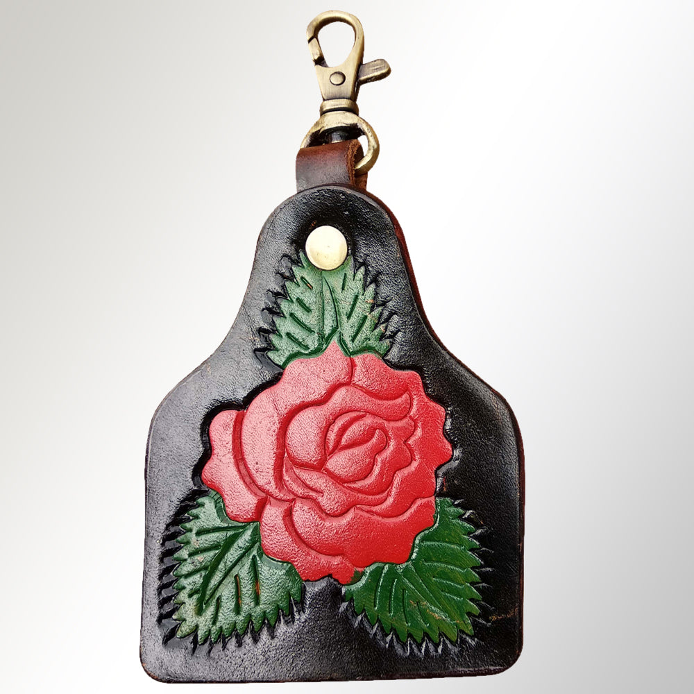 LC-ADKRX101 Hand-Tooled Leather Keyring   Red Rose Floral Western Design