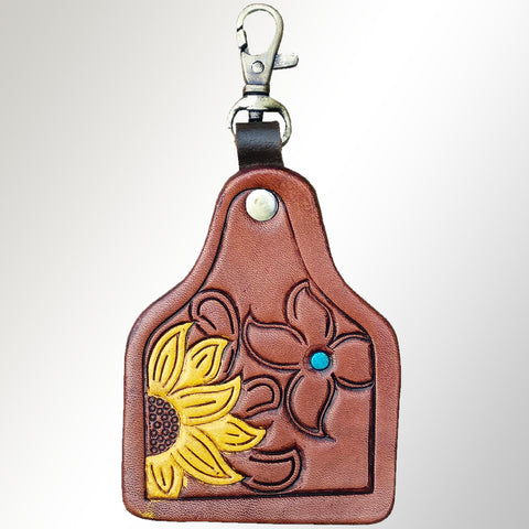 LC-ADKRX105 Hand-Tooled Leather Keyring   Yellow Sunflower & Turquoise Floral Accent