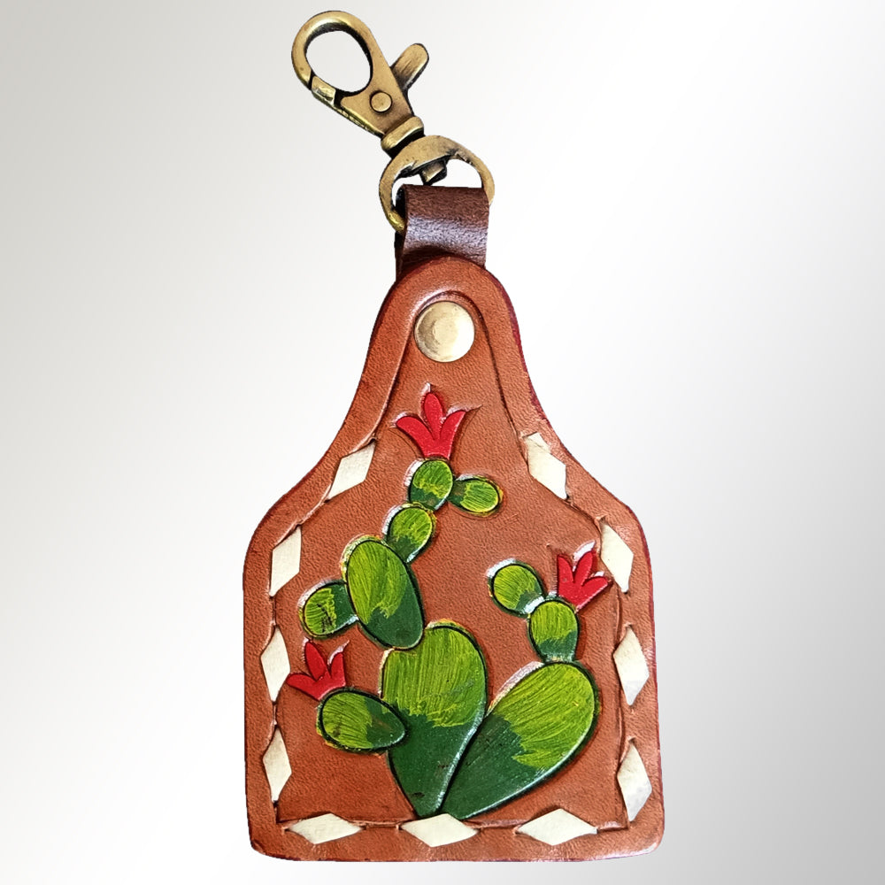 ADKRX111 Hand-Tooled Leather Keyring with Cactus & Red Blossom Design   Western Charm