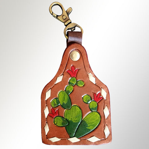 ADKRX111 Hand-Tooled Leather Keyring with Cactus & Red Blossom Design   Western Charm