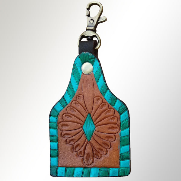 ADKRX113 Hand-Tooled Leather Keyring � Turquoise Border with Tooled Floral Diamond Design