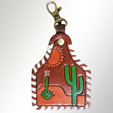 LC-ADKRX114 Hand-Tooled Leather Keyring � Desert Cactus & Sun Landscape with White Laced Border