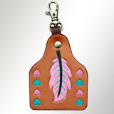 LC-ADKRX115 Hand-Tooled Leather Keyring � Pink Feather & Teal Heart Western Design