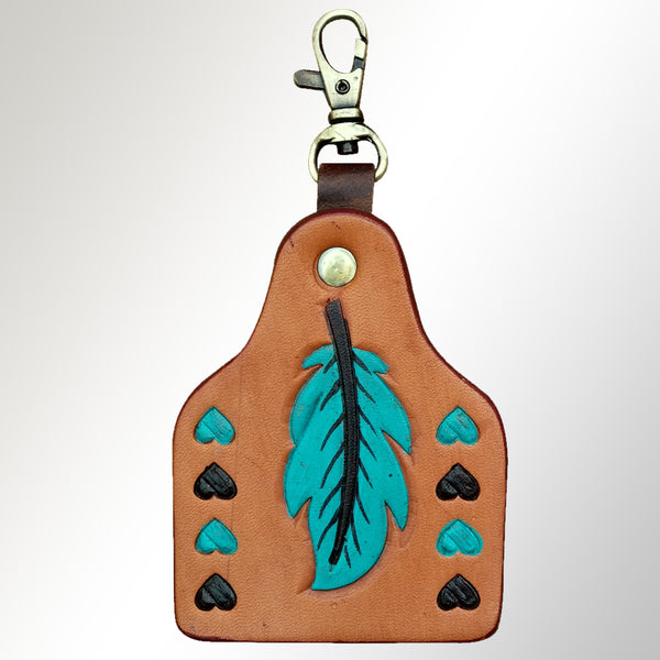 LC-ADKRX116 Hand-Tooled Leather Keyring � Turquoise Feather with Black & Teal Heart Accents