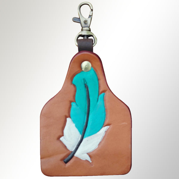 LC-ADKRX120 Hand-Tooled Leather Keyring � Turquoise & White Feather on Tan Leather