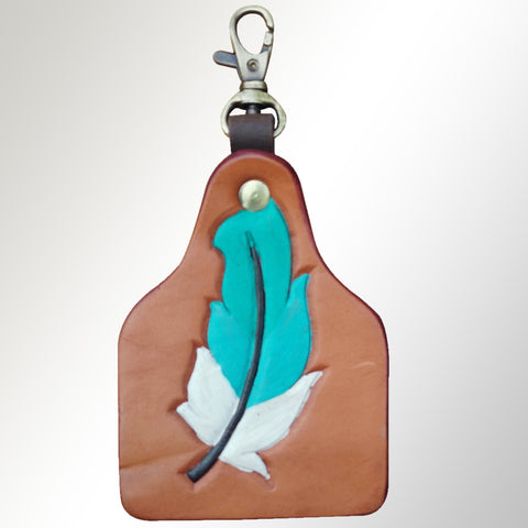 LC-ADKRX120 Hand-Tooled Leather Keyring   Turquoise & White Feather on Tan Leather