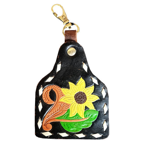 LC-ADKRX123 Hand-Tooled Leather Keyring � Sunflower & Scroll Design on Black Leather with White Lacing