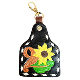 LC-ADKRX123 Hand-Tooled Leather Keyring � Sunflower & Scroll Design on Black Leather with White Lacing