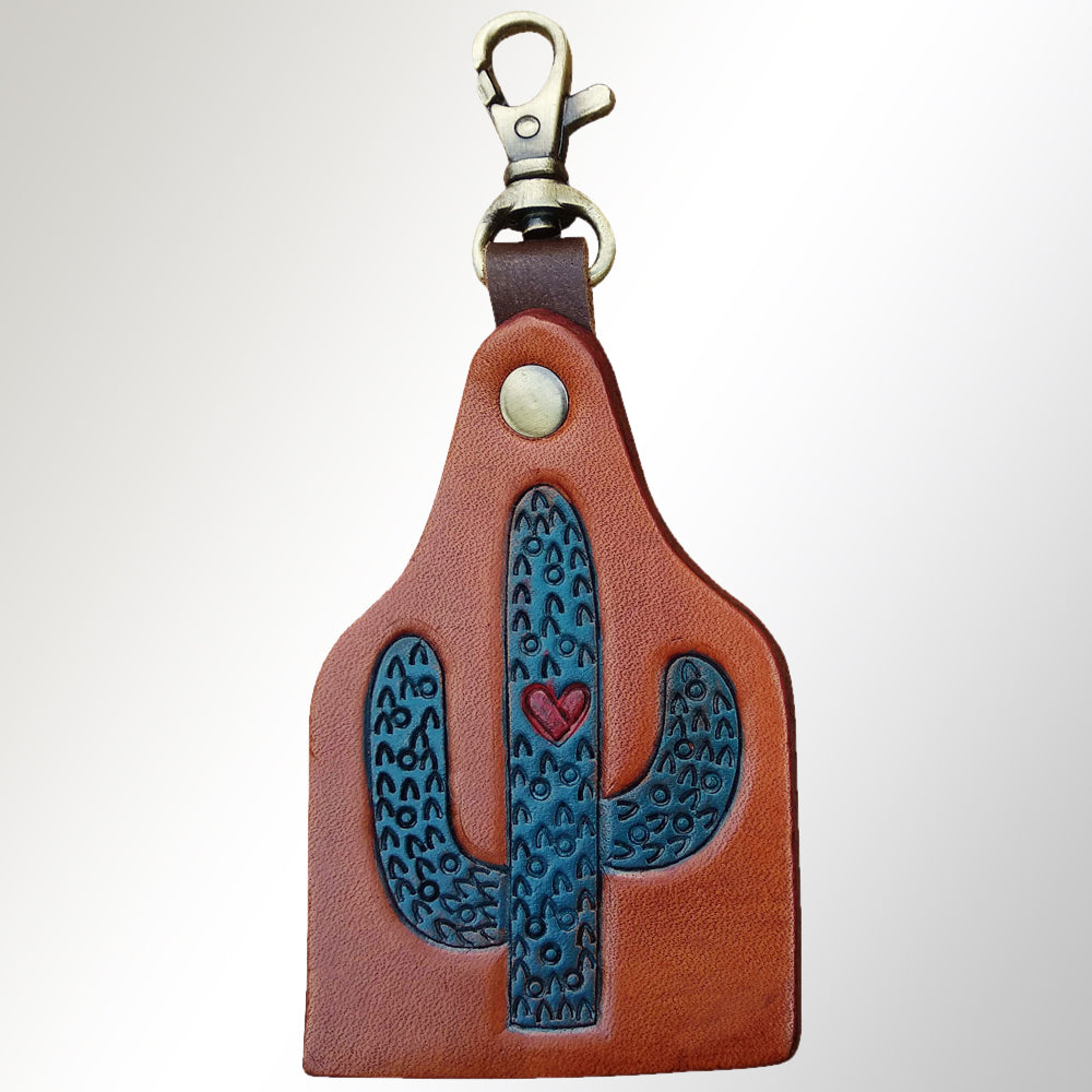 LC-ADKRX124 Hand-Tooled Leather Keyring   Blue Cactus with Heart Accent on Tan Leather