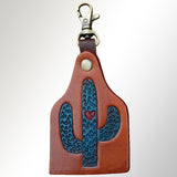 LC-ADKRX124 Hand-Tooled Leather Keyring � Blue Cactus with Heart Accent on Tan Leather