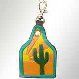 LC-ADKRX126 Hand-Tooled Leather Keyring � Sunset Cactus Desert Scene with Turquoise Border