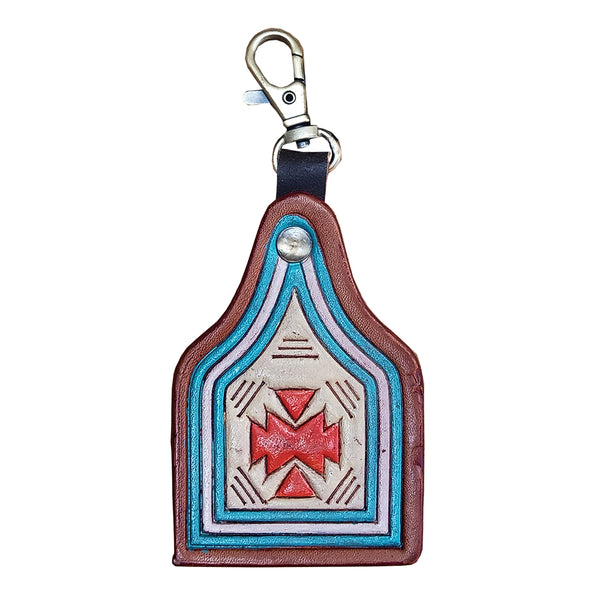 LC-ADKRX130 Hand-Tooled Leather keyring � Southwest Geometric Pattern in Red, Blue & Lavender