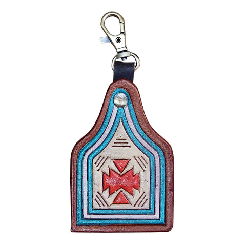 LC-ADKRX130 Hand-Tooled Leather keyring   Southwest Geometric Pattern in Red, Blue & Lavender