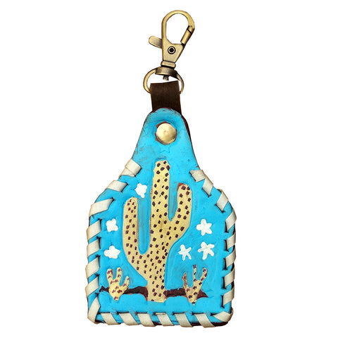 LC-ADKRX131 Hand-Tooled Leather Keyring   Yellow Cactus & Stars on Turquoise with White Lacing