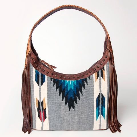 American Darling Hand Tooled Leather Hobo Bag with Hand Woven Saddle Blanket and Fringes