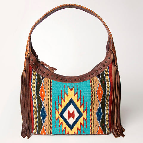 American Darling Hand Tooled Leather Hobo Bag with Hand Woven Saddle Blanket and Fringes