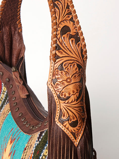 American Darling Hand Tooled Leather Hobo Bag with Hand Woven Saddle Blanket and Fringes