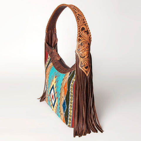 American Darling Hand Tooled Leather Hobo Bag with Hand Woven Saddle Blanket and Fringes