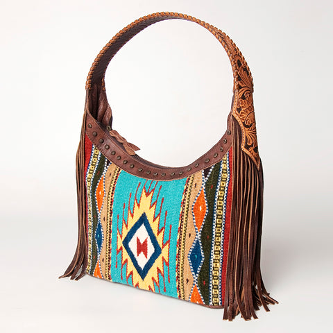 American Darling Hand Tooled Leather Hobo Bag with Hand Woven Saddle Blanket and Fringes