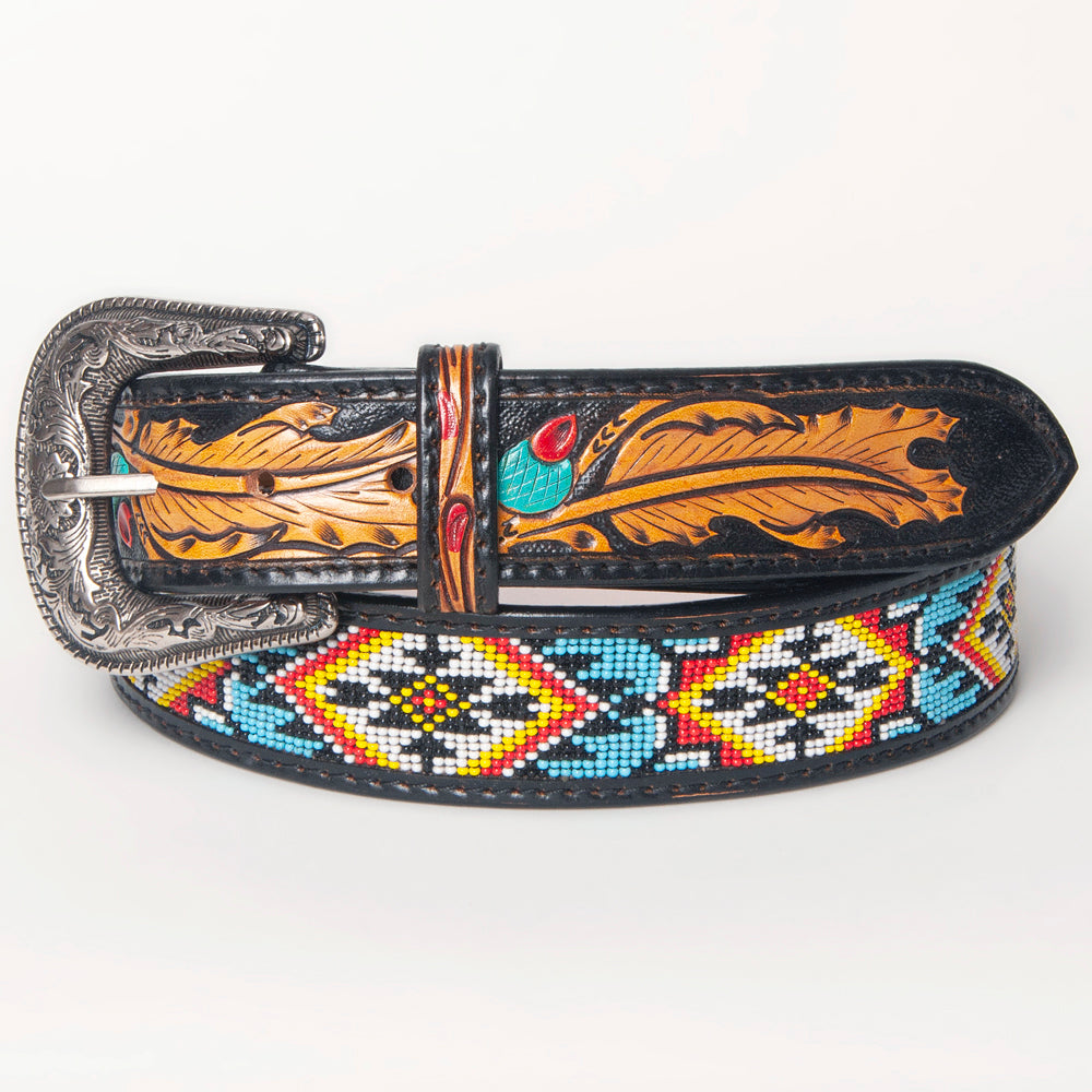 LC-ADBLF147 Black Beaded Western Belt - Geometric Pattern & Tooled Feather Detail