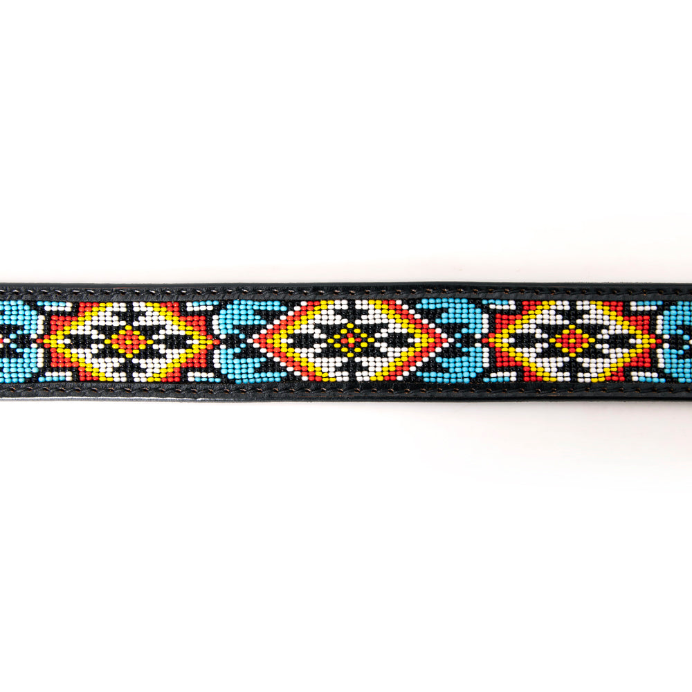 LC-ADBLF147 Black Beaded Western Belt - Geometric Pattern & Tooled Feather Detail