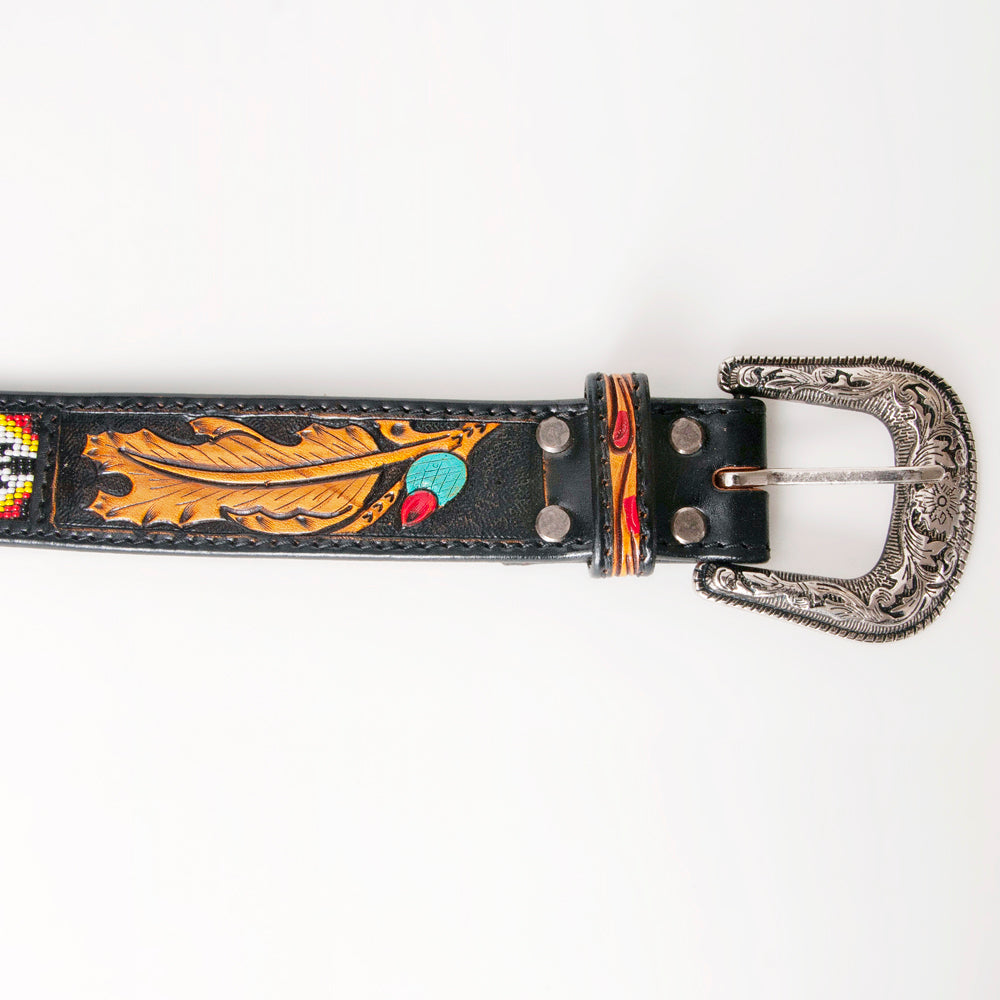LC-ADBLF147 Black Beaded Western Belt - Geometric Pattern & Tooled Feather Detail