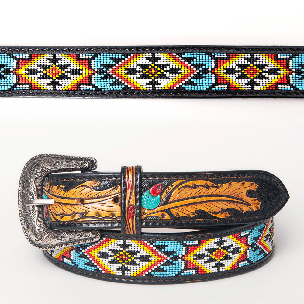 LC-ADBLF147 Black Beaded Western Belt - Geometric Pattern & Tooled Feather Detail